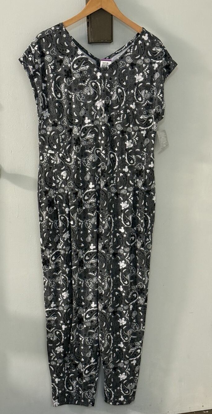 Disney Women’s XL Paisley Mickey Print Jumpsuit V-Neck Cap Sleeves Zip Back